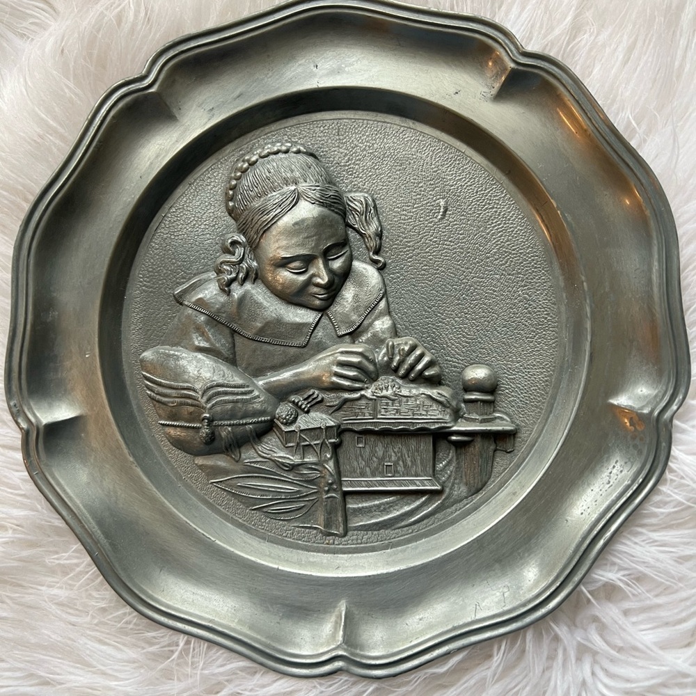 Vintage silver brass metal Vermeer the lacemaker plate decorative wall hanging